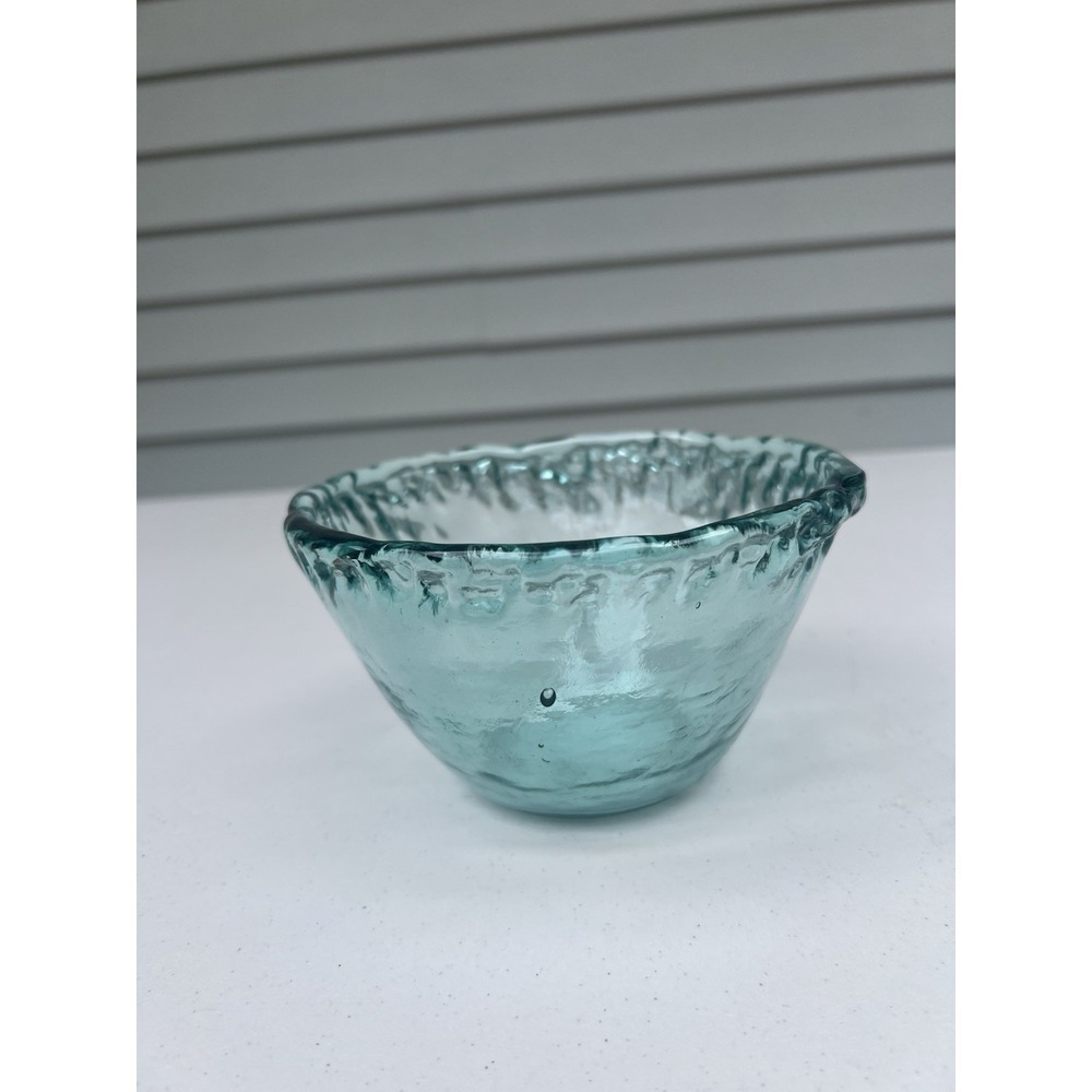 Hand Blown Recycled Glass Bowl Aqua Blue Green Bubble Artisan 6" Handmade - Picture 9 of 14